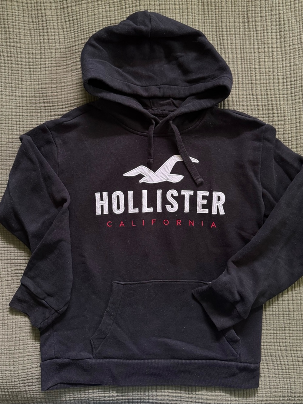 Hollister Black Crewneck Logo Hoodie with White & Red Accents